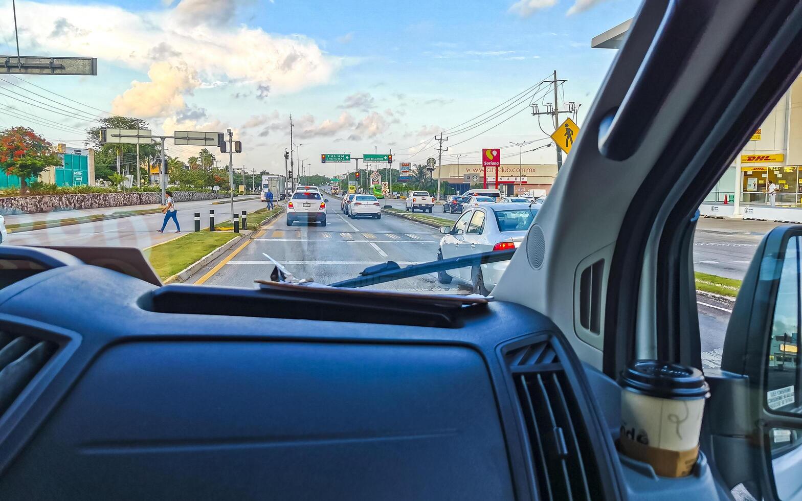 Playa del Carmen Quintana Roo Mexico 2022 Driving inside the car with view of highway road Mexico. photo