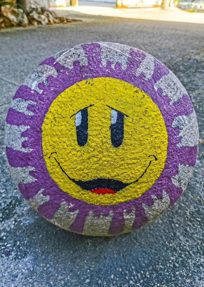 Playa del Carmen Quintana Roo Mexico 2022 Decorative stone rock cement balls on sidewalks Playa del Carmen. photo