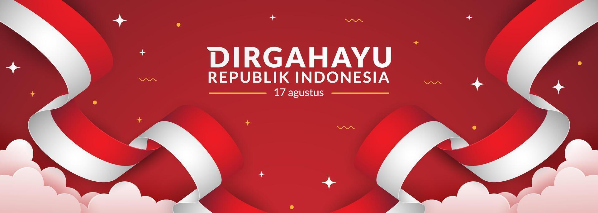 August 17th. Indonesian Independence Day Greeting Card. Waving Indonesian flag isolated on sky background. vector