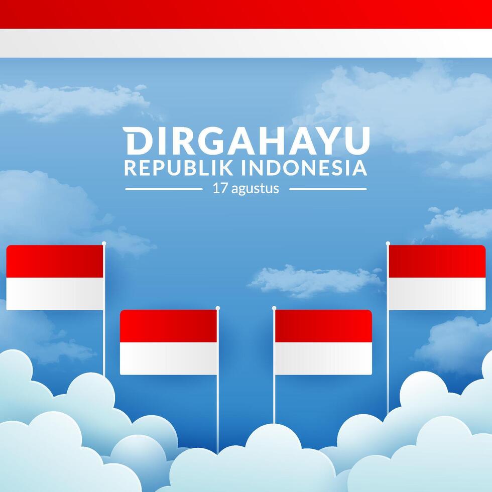 August 17th. Indonesian Independence Day Greeting Card. Waving Indonesian flag isolated on sky background. vector