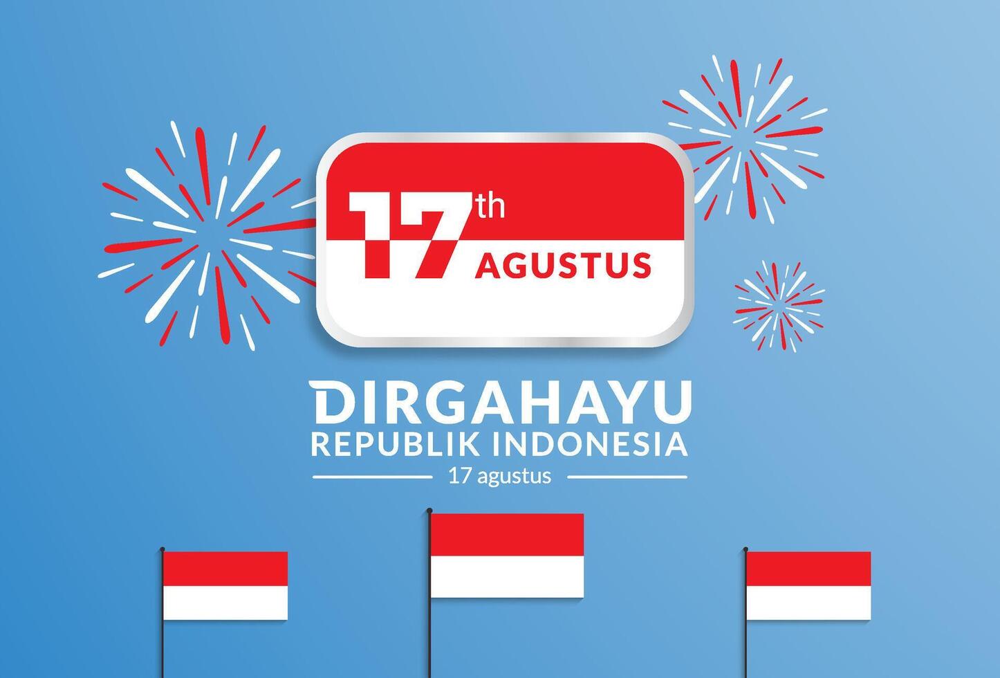 17 August. Indonesia Independence Day greeting card. Celebration background with fireworks, flags and text. vector