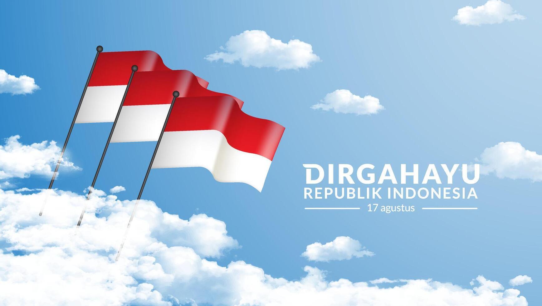 August 17th. Indonesian Independence Day greeting cards. Celebration backgrounds on clouds, flags and text. vector