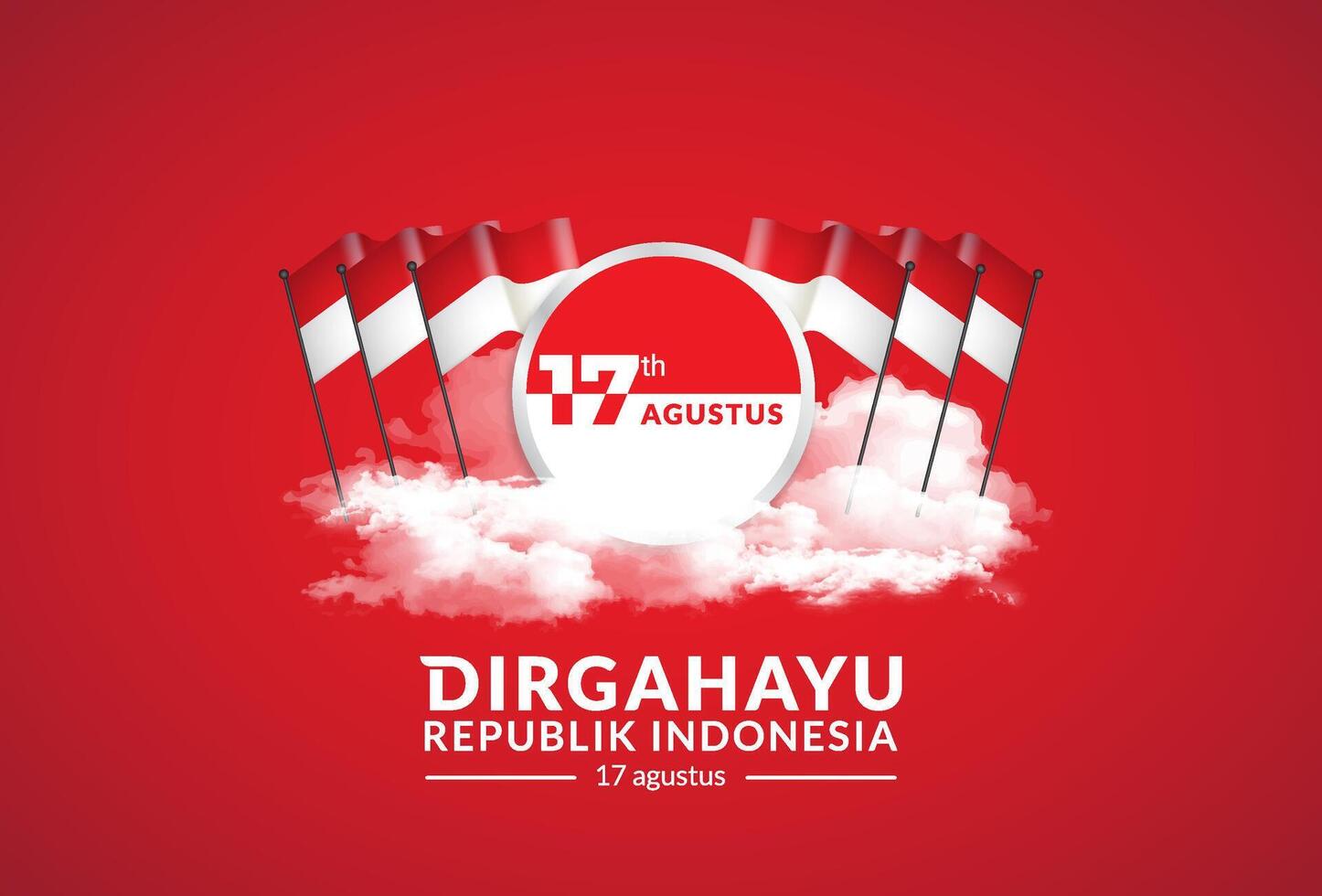 August 17th. Indonesian Independence Day greeting cards. Celebration backgrounds on clouds, flags and text. vector