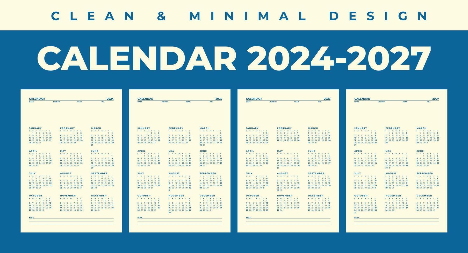 Simple calendar 2024, 2025, 2026, 2027 in clean and minimal design vector