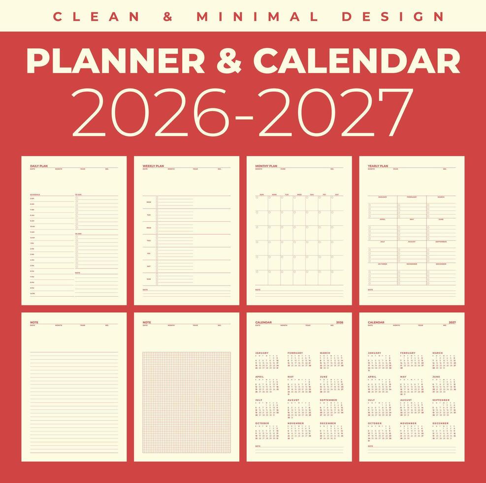Simple planner calendar 2026, 2027 in clean and minimal design vector