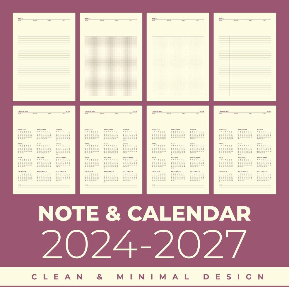 Simple note calendar 2024, 2025, 2026, 2027 in clean and minimal design vector