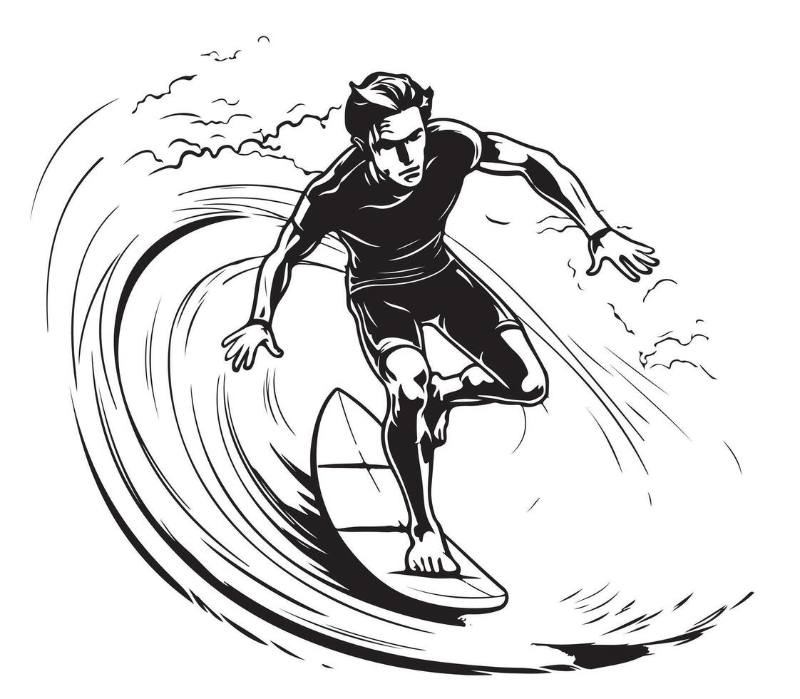 Surfer in wave brush ink sketch hand drawn serigraphy print vector