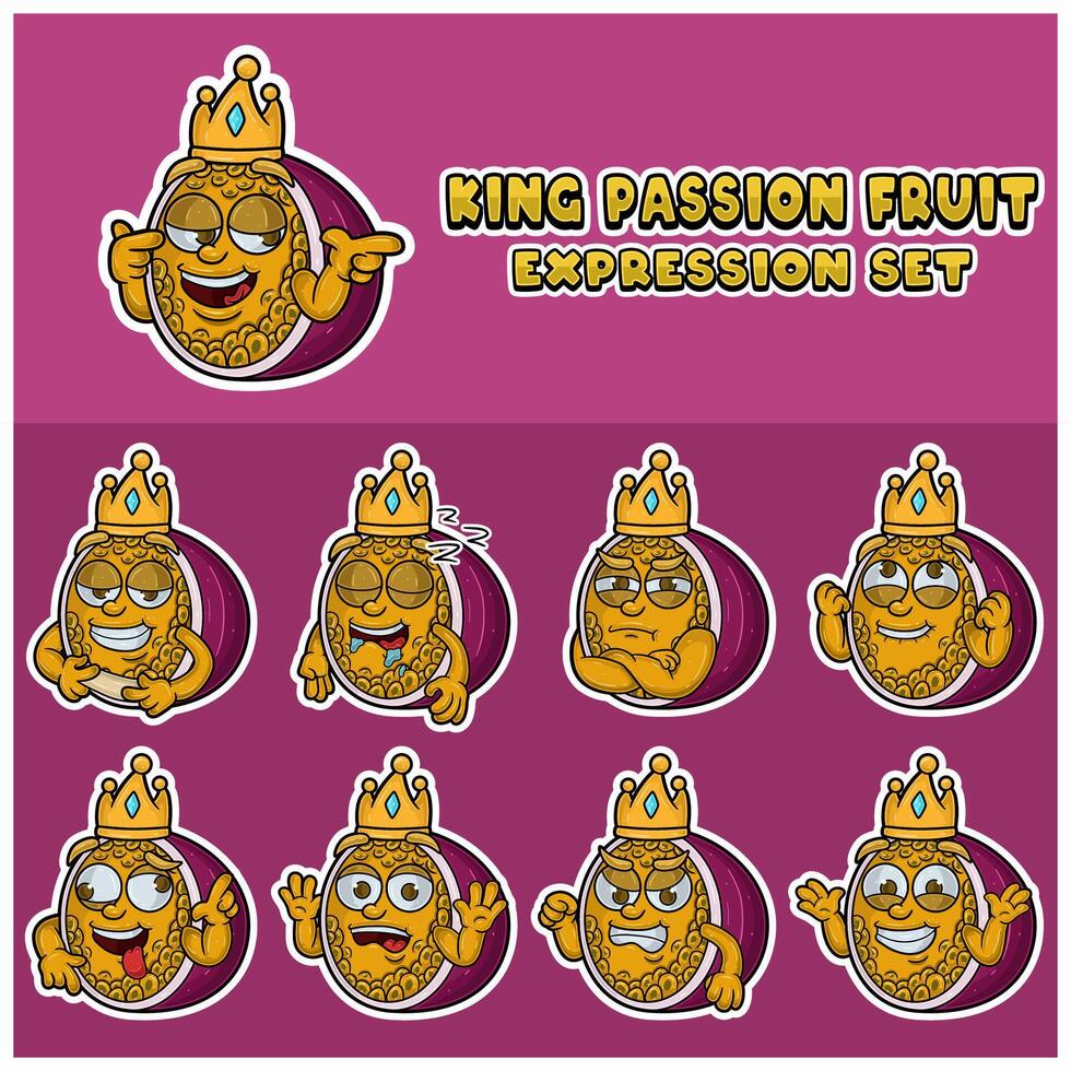 Cartoon Mascot Of Passion Fuit Character with king and expression set. vector