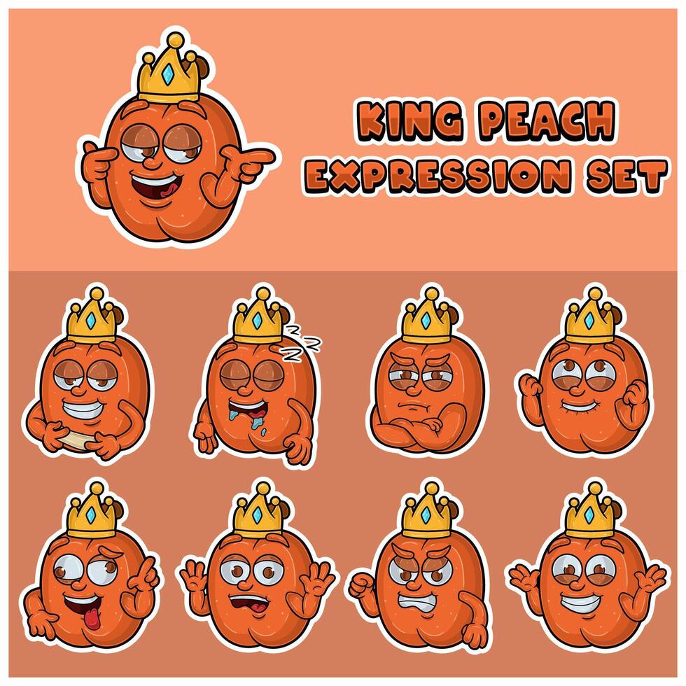 Cartoon Mascot Of Peach Fuit Character with king and expression set. vector