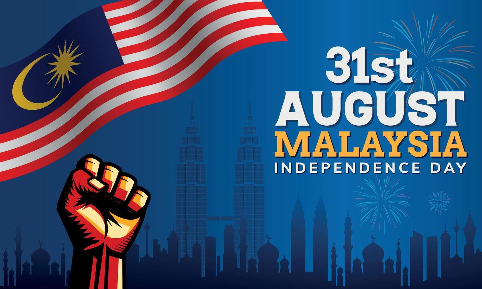 Malaysia independence day background with revolution hand and 3D wavy flag, kuala lumpur city skyline illustration vector