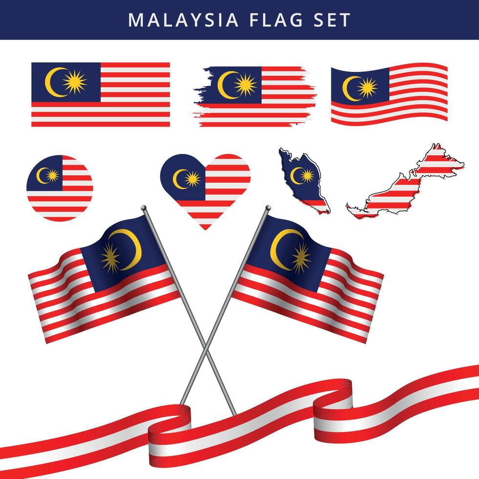 Collection of Malaysia National flag with map. distressed, wavy, heart shape 3D flag with ribbon vector
