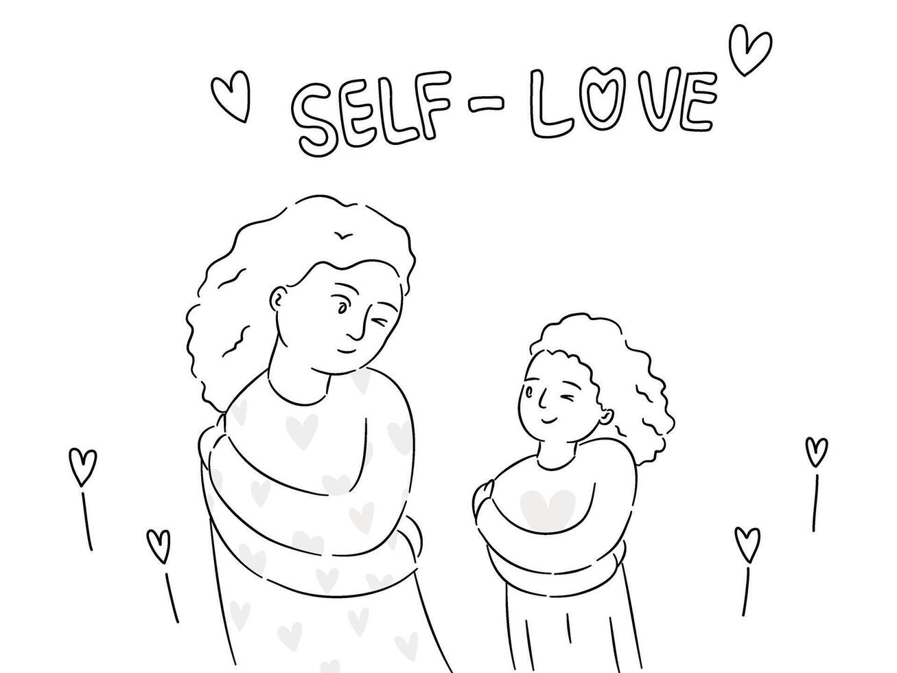 Mother and child smiling and embraced themself, self-Love concept in line drawing illustration. vector