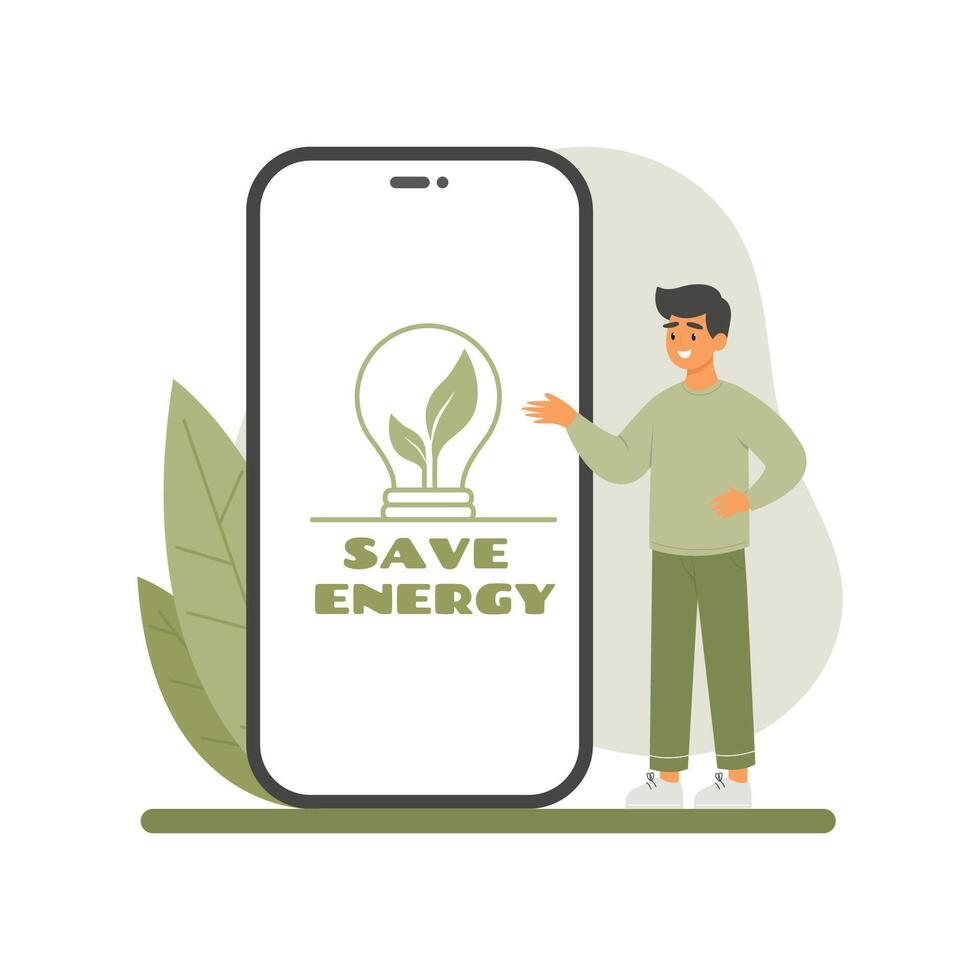 Save energy concept with man near phone with lightbulb with green leaves inside vector