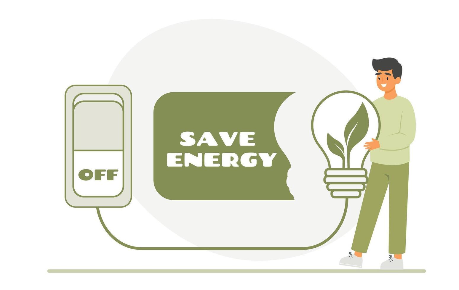 Switch off the light. Save energy concept. Man holding lightbulb with green growth inside vector