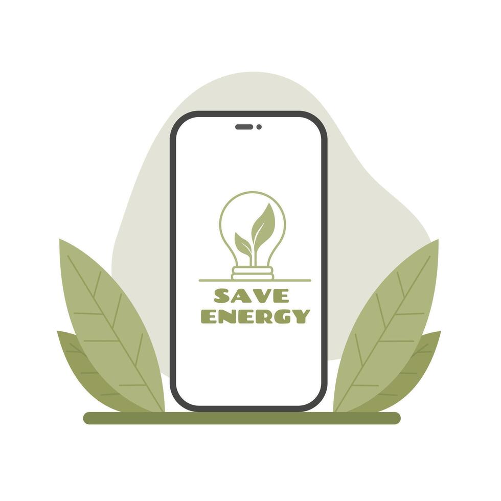 Lightbulb with green leaves inside in phone screen. Sustainable eco energy icon. Save energy concept vector