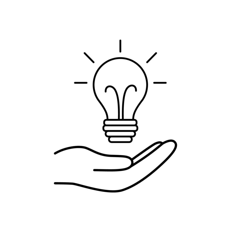 Hands hold lightning lightbulb. Idea icon. Save energy concept. Lineart sign vector