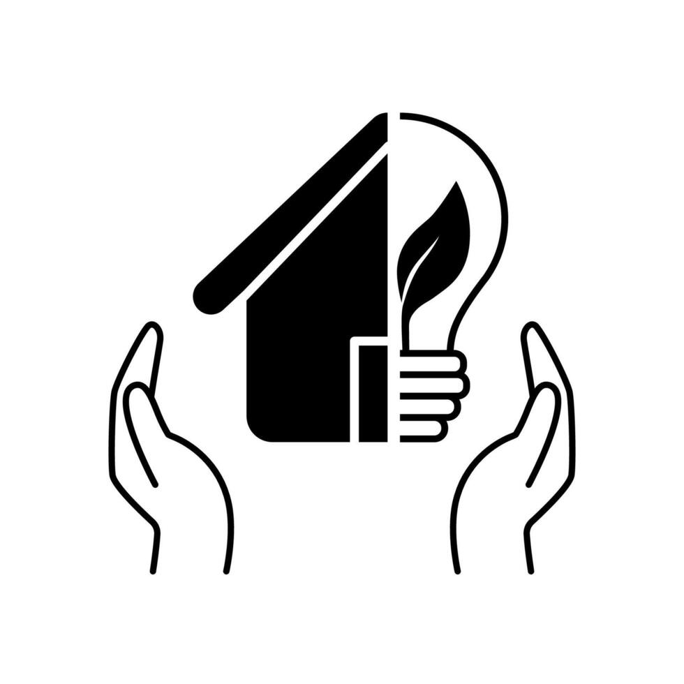 Black lineart sign with hands holding house icon and lightbulb with leaf inside. Energy efficiency vector