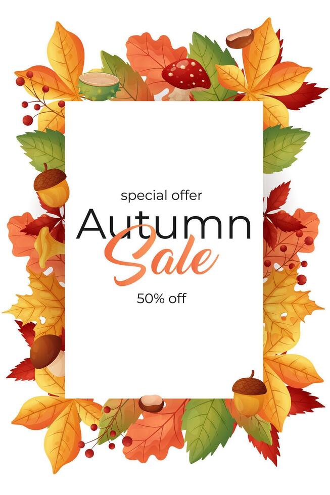 Autumn Sale background, banner, or flyer design. With a frame of leaves, mushrooms. Template for your discount design. vector