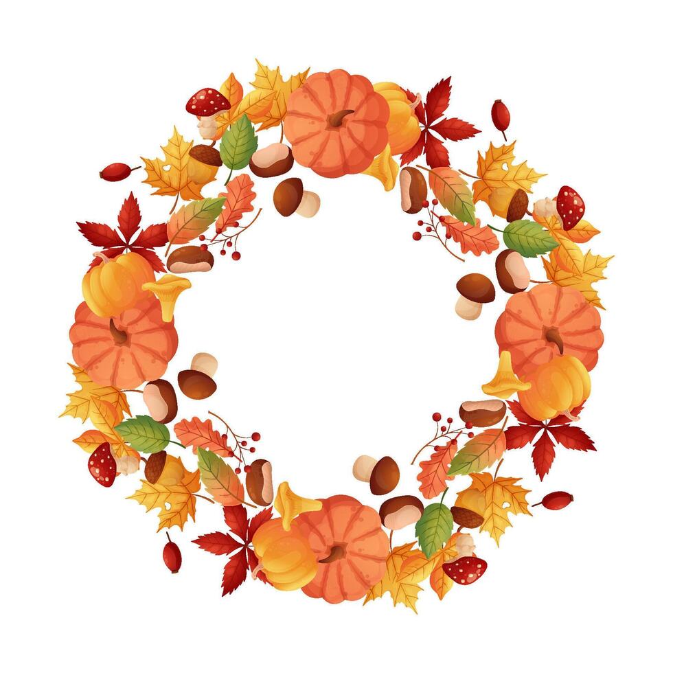 Autumn frame in circle shape on white isolated background. Leaves and mushrooms, pumpkins and chestnuts. vector