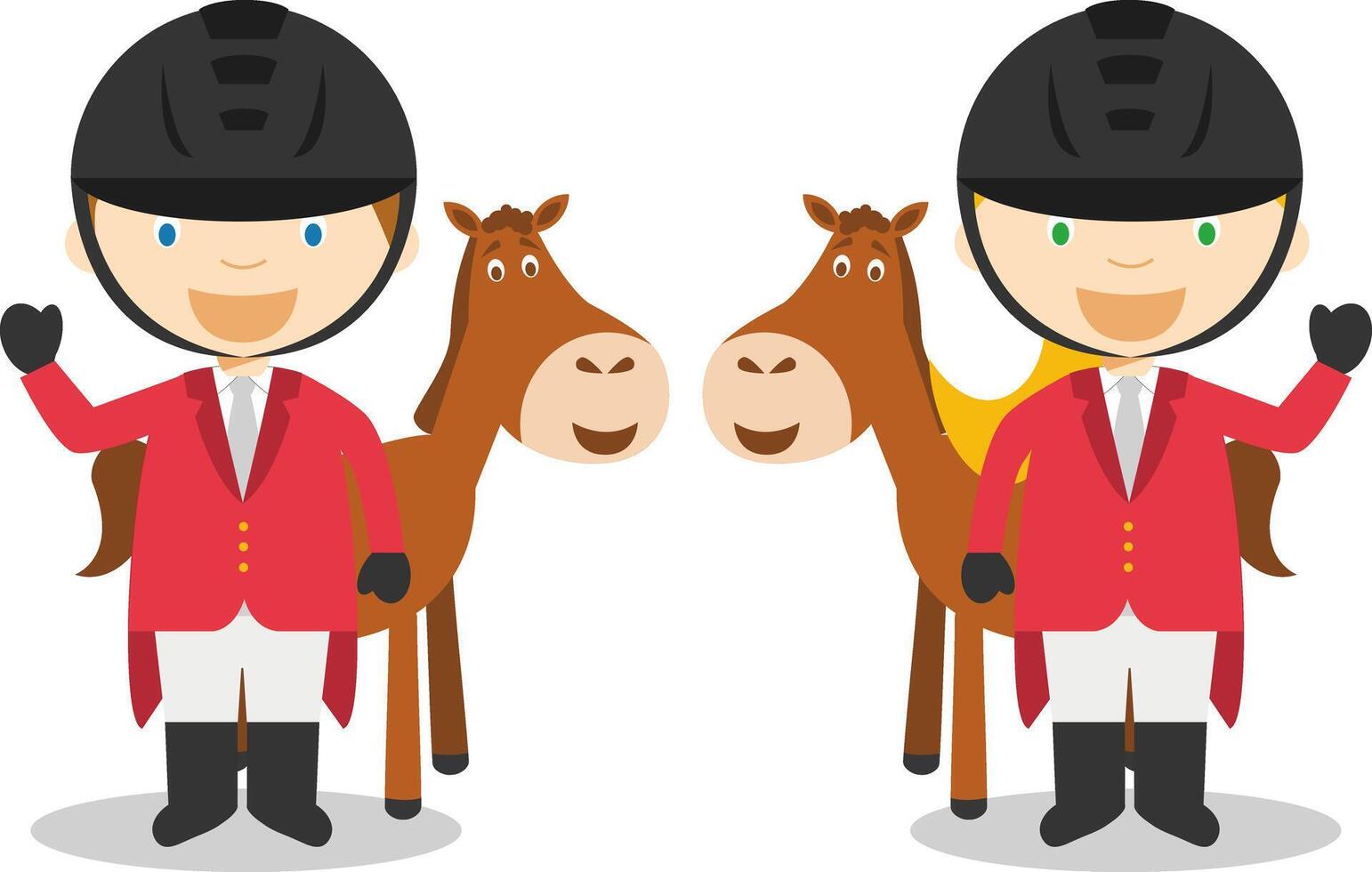 Sports illustrations. Equestrian Jumping male and female cartoon characters vector