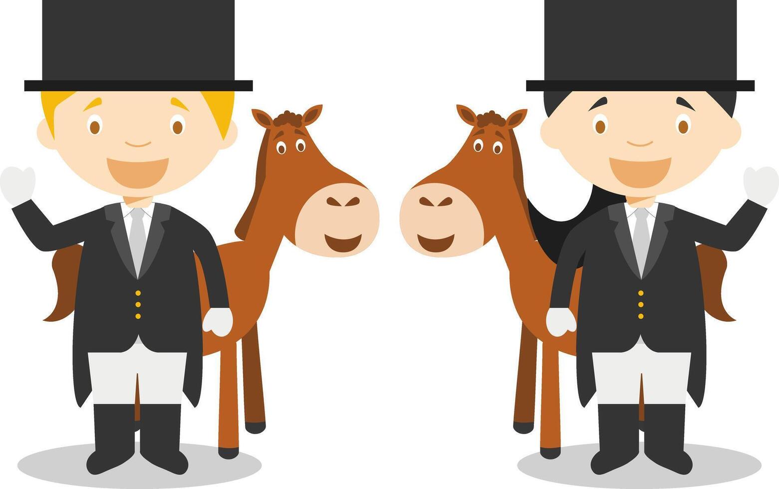 Sports illustrations. Equestrian Dressage male and female cartoon characters vector