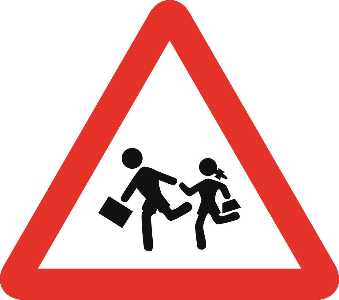 Triangular traffic signal in white and red, isolated on white background. Warning of proximity of a school or playground vector