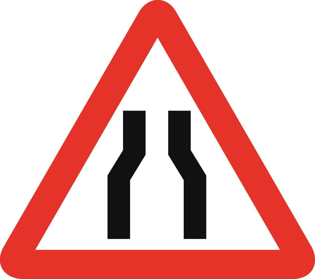 Triangular traffic signal in white and red, isolated on white background. Warning of narrow road ahead vector