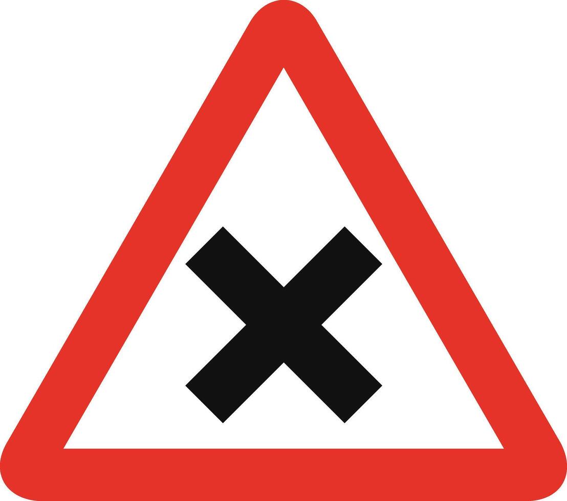 Triangular traffic signal in white and red, isolated on white background. Warning of crossroad ahead with priority on the right vector