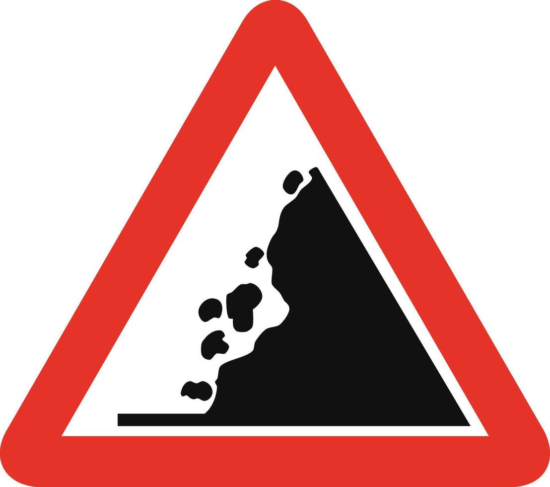 Triangular traffic signal in white and red, isolated on white background. Warning of falling rocks vector