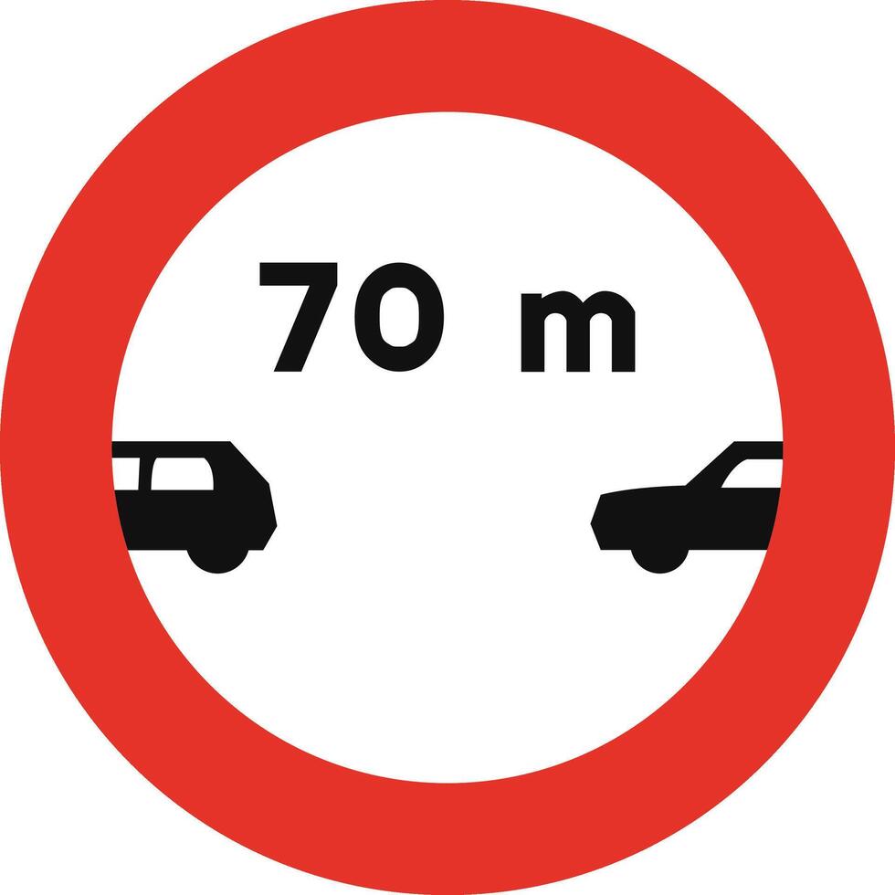 Rounded traffic signal in white and red, isolated on white background. Prohibition of driving without maintaining the indicated distance or higher vector
