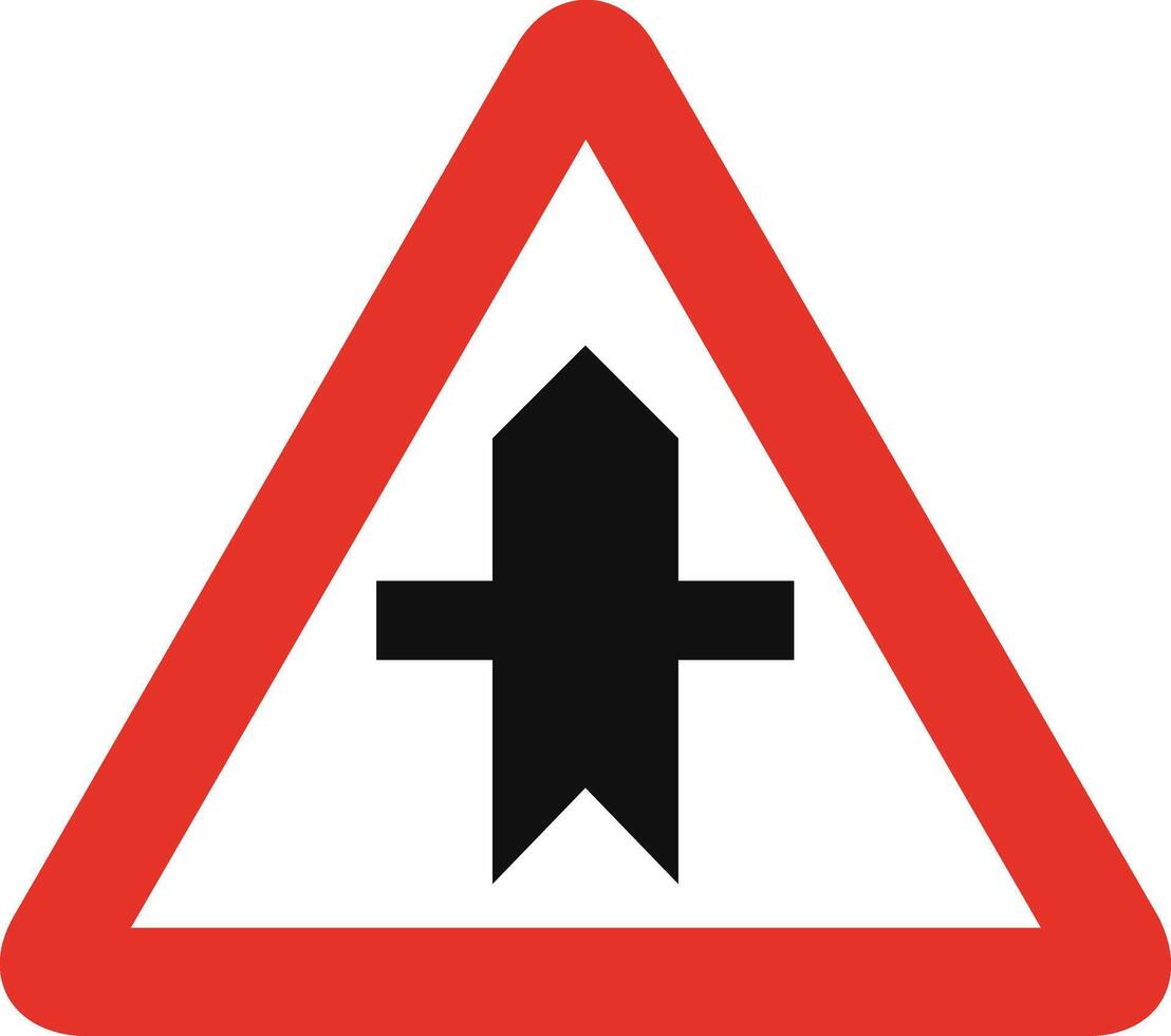 Triangular traffic signal in white and red, isolated on white background. Warning of crossroad ahead with priority vector