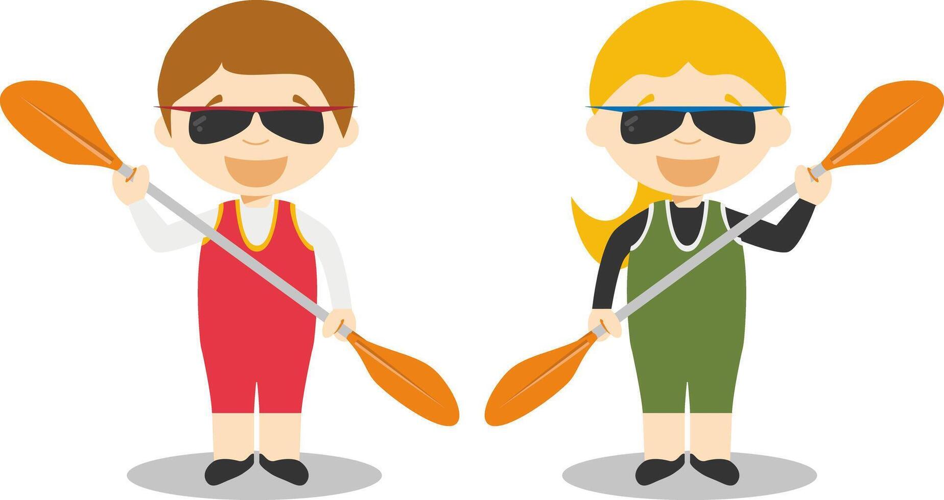 Sports illustrations. Canoe Sprint male and female cartoon characters vector