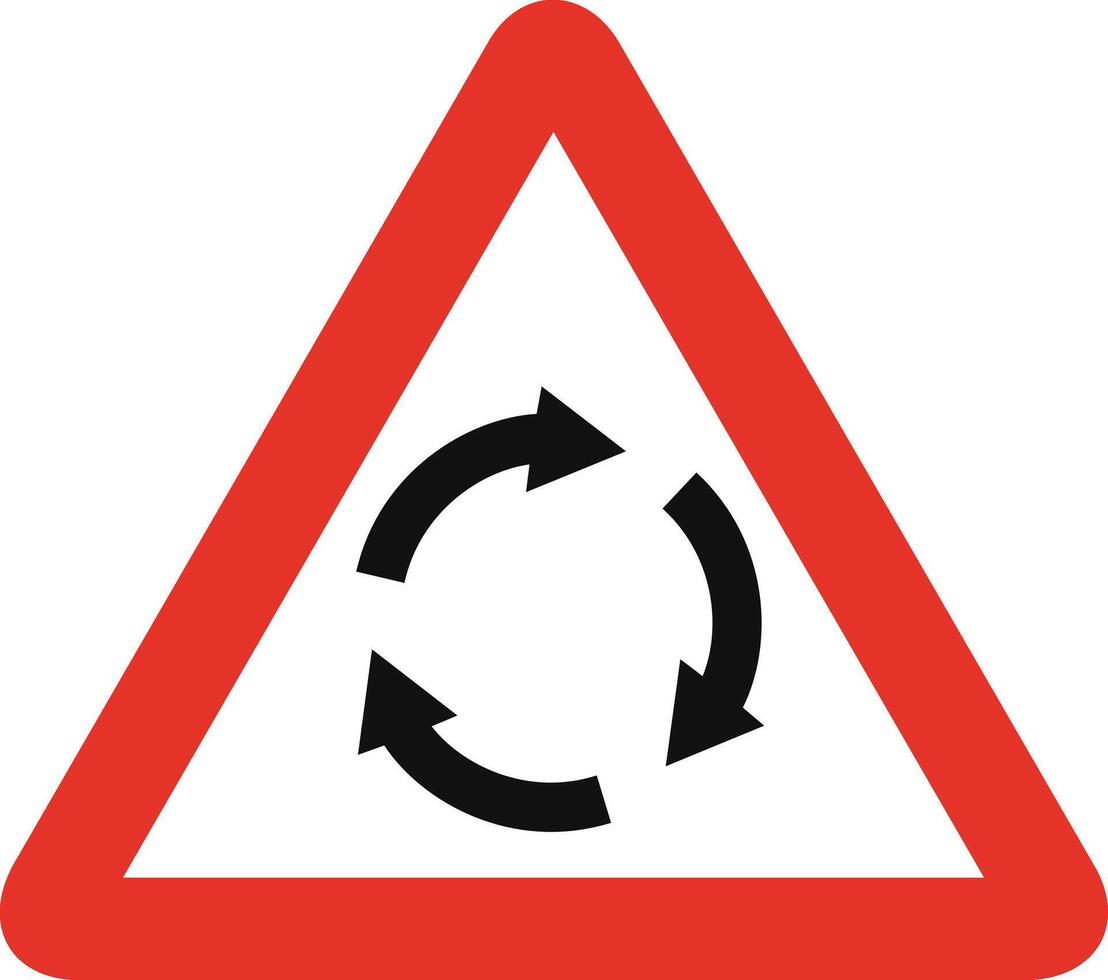 Triangular traffic signal in white and red, isolated on white background. Warning of roundabout ahead vector