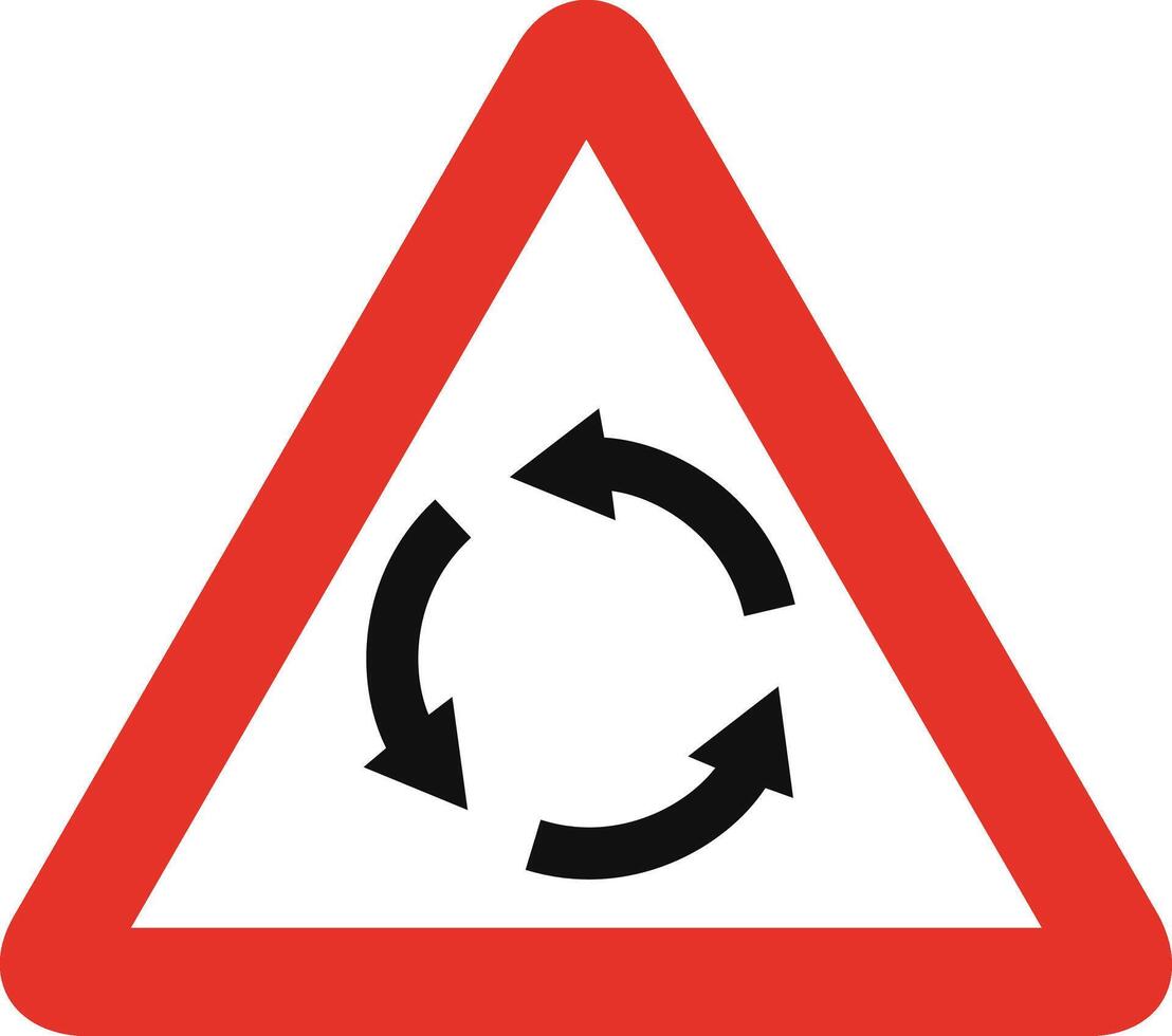 Triangular traffic signal in white and red, isolated on white background. Warning of roundabout ahead vector