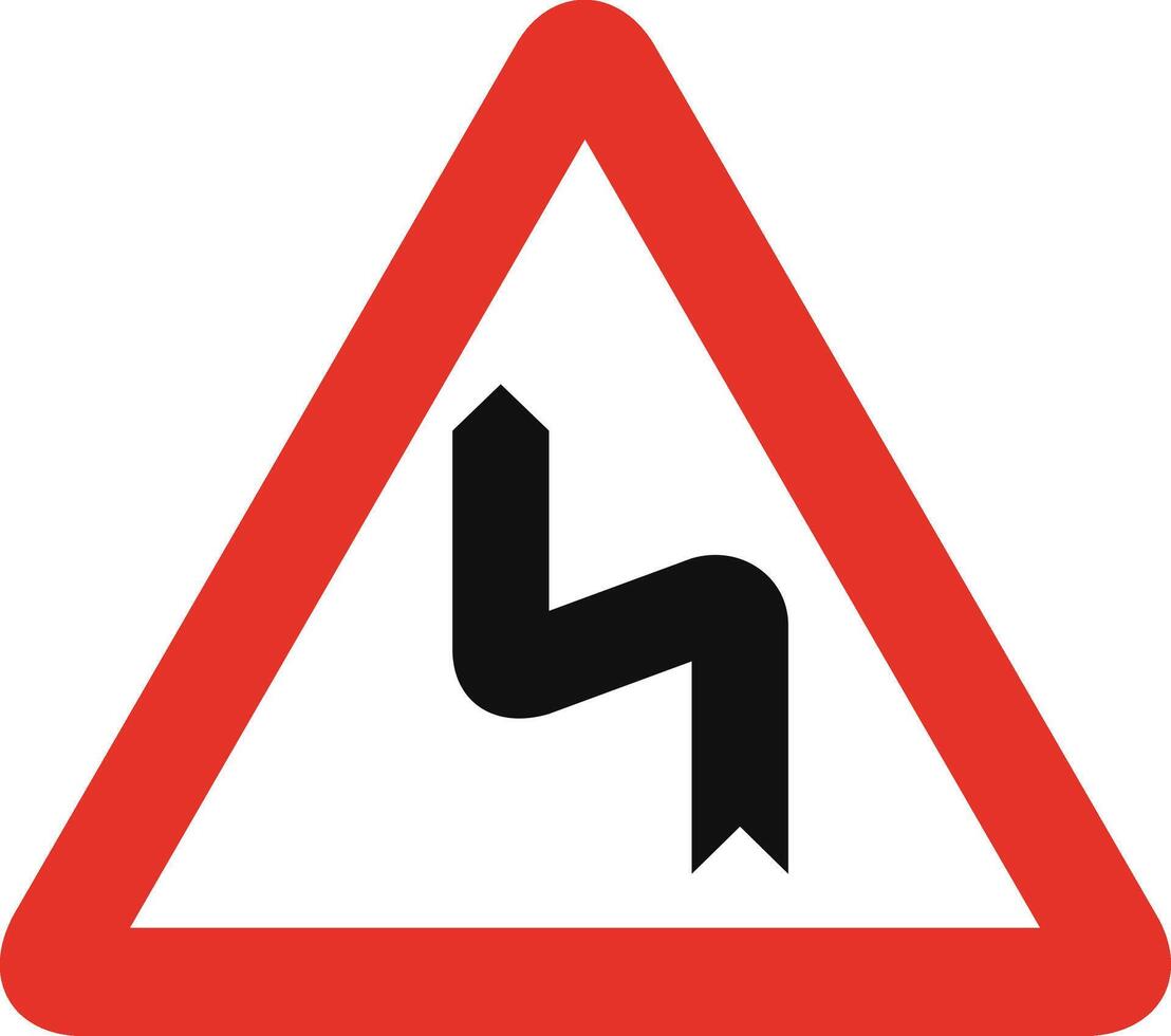 Triangular traffic signal in white and red, isolated on white background. Warning of left reverse bend vector
