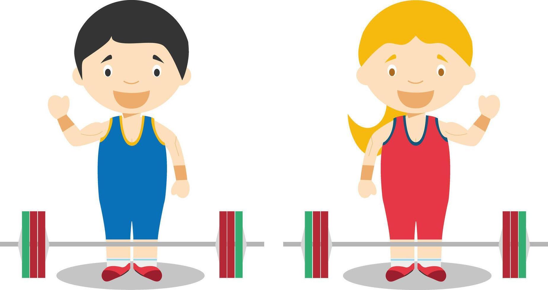 Sports illustrations. Weightlifting male and female cartoon characters vector