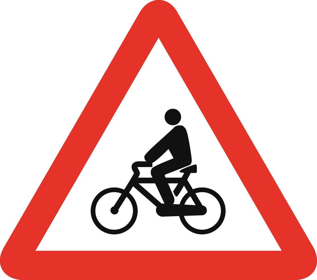 Triangular traffic signal in white and red, isolated on white background. Warning of cycle crossing vector