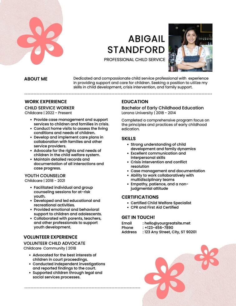 Pink White  Flower Illustration Child Service Resume template