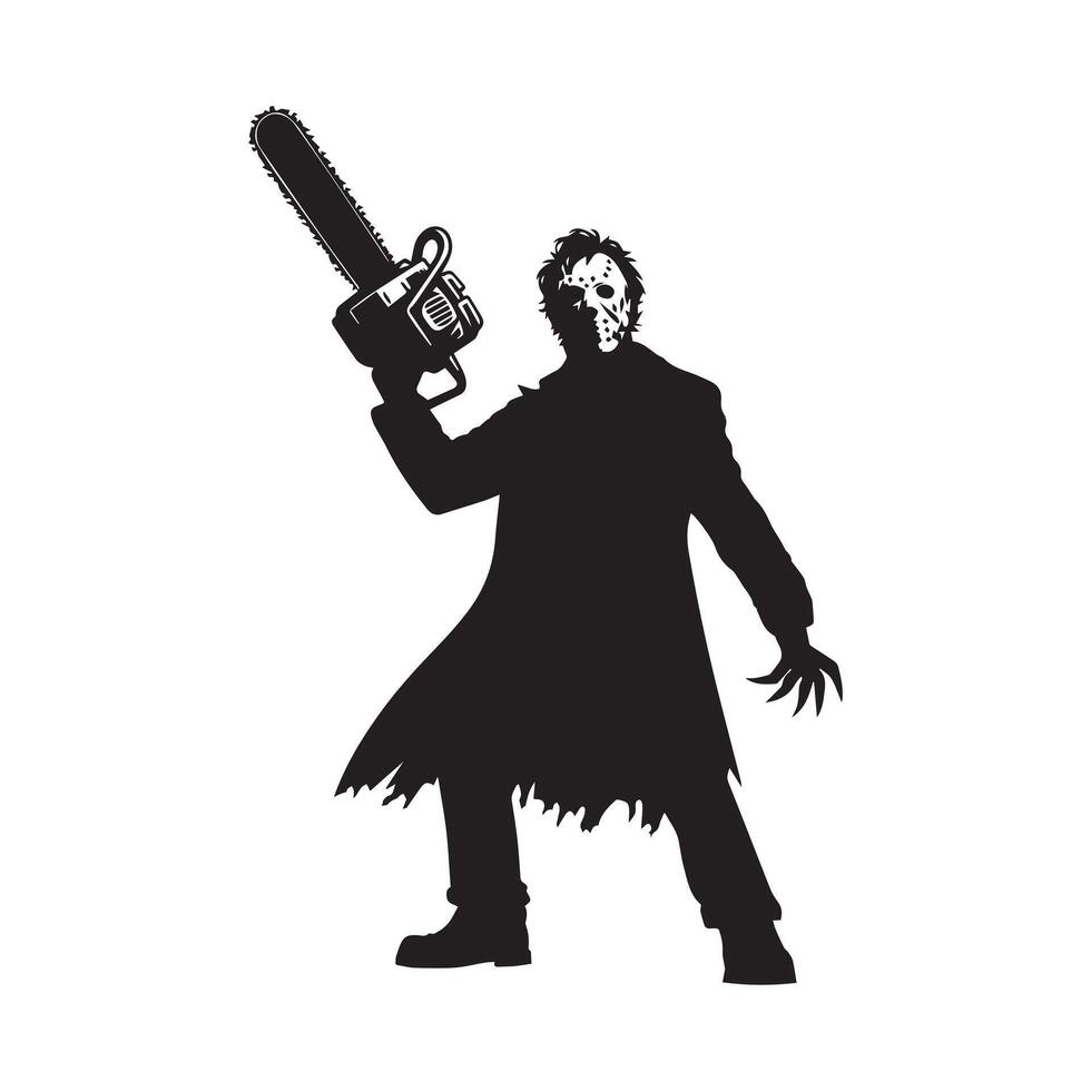 a horror villain with a chainsaw illustration in black and white vector