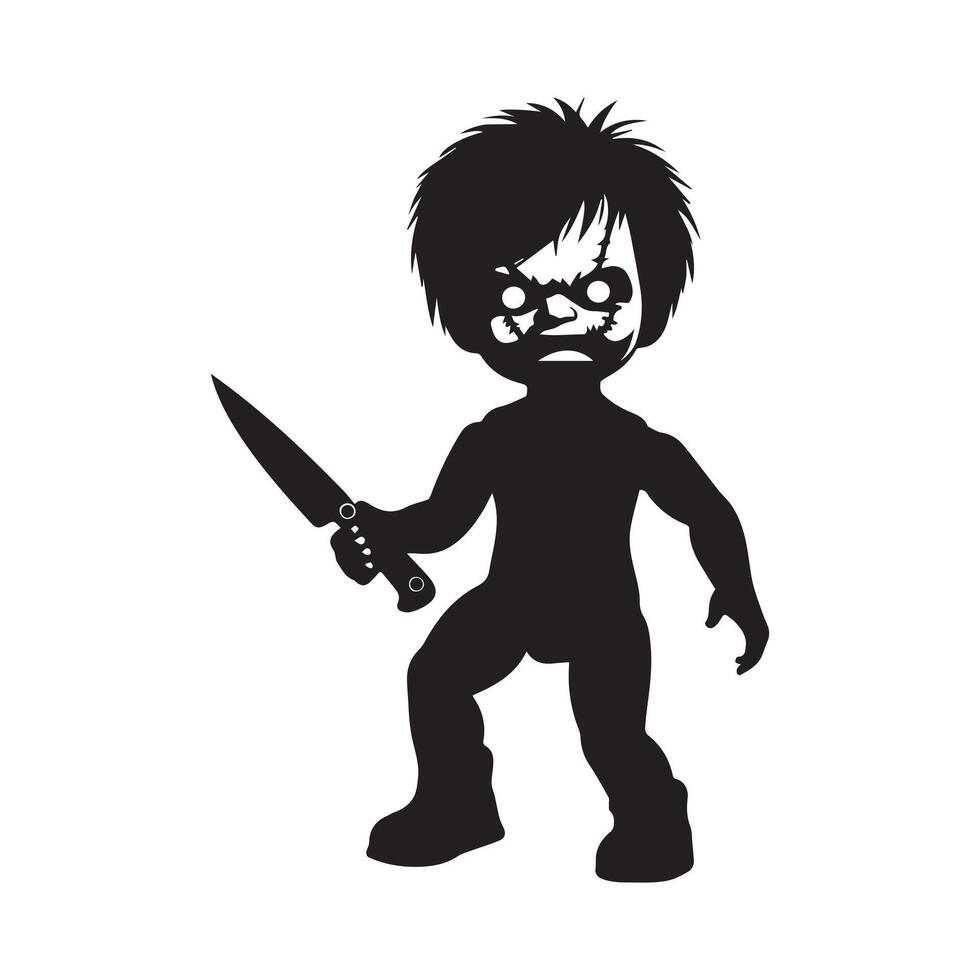 a creepy doll with a knife illustration in black and white vector