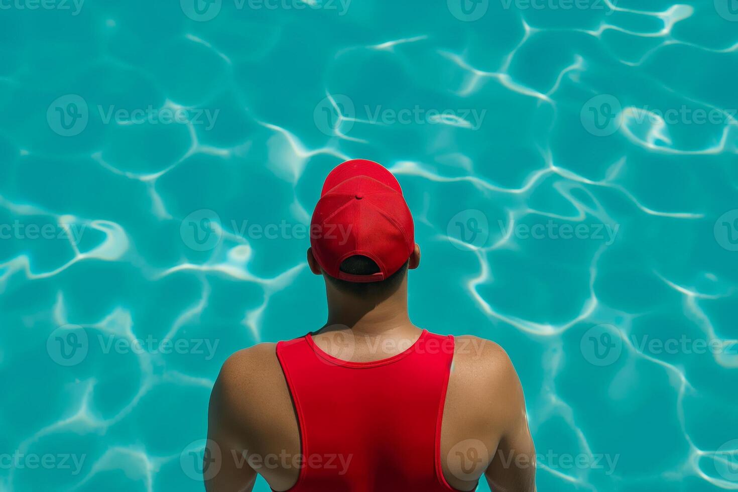 Lifeguard in a bright red tank top standing by the crystal clear waterpool, alert and watchful photo