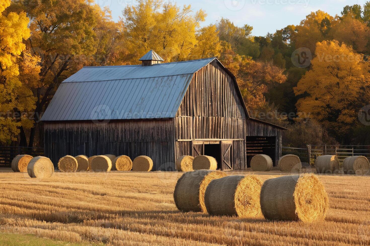A rustic barn surrounded by golden hay bales, representing the quintessential harvest season in the countryside photo