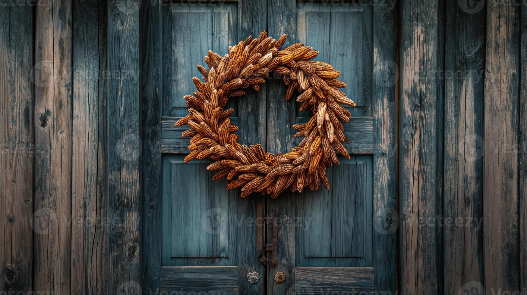 A barn door adorned with a wreath made of dried corncobs, symbolizing the rustic charm of harvest season photo