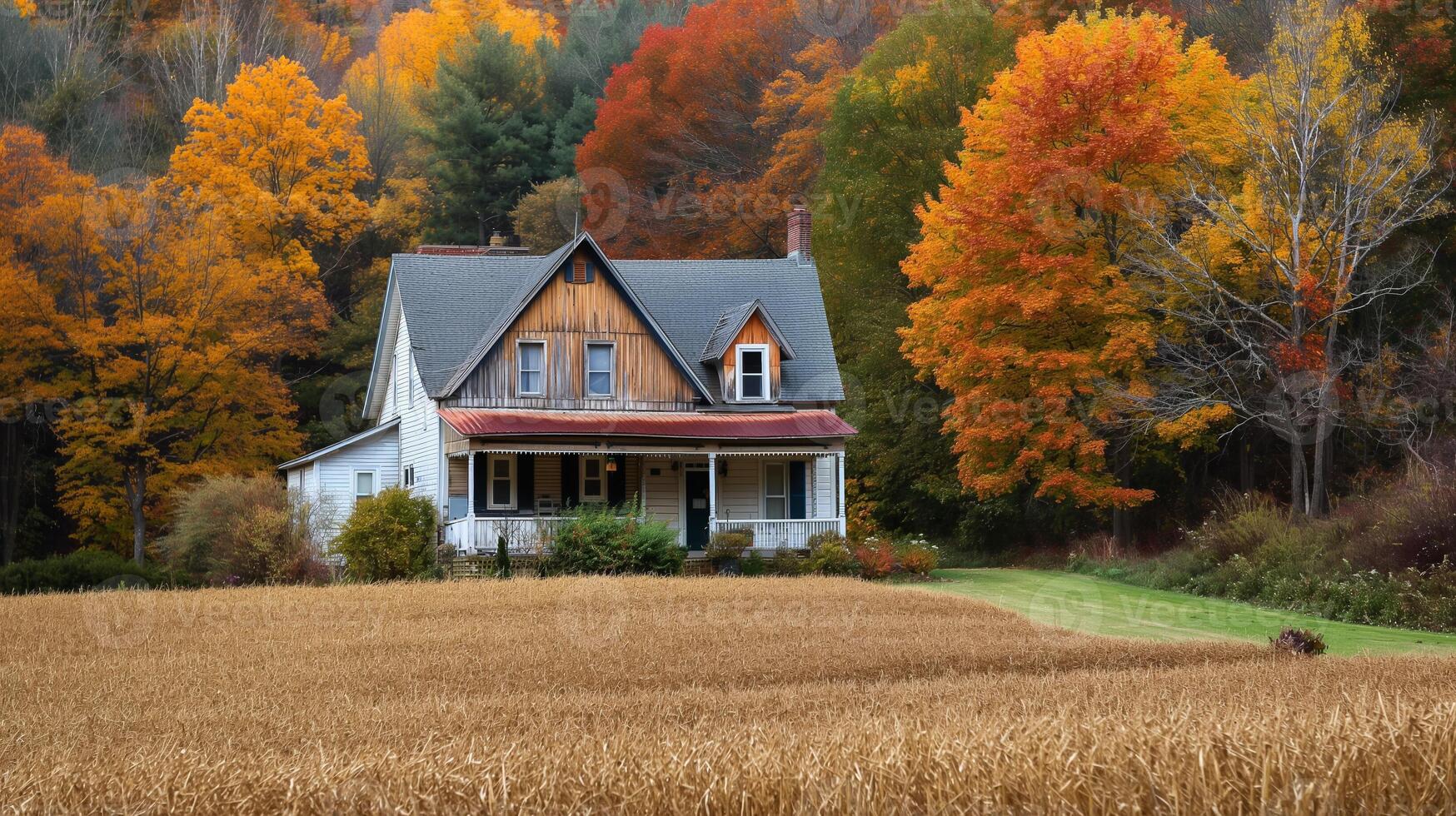 A quaint country farmhouse surrounded by bountiful harvest crops, epitomizing the rural charm of autumn season photo