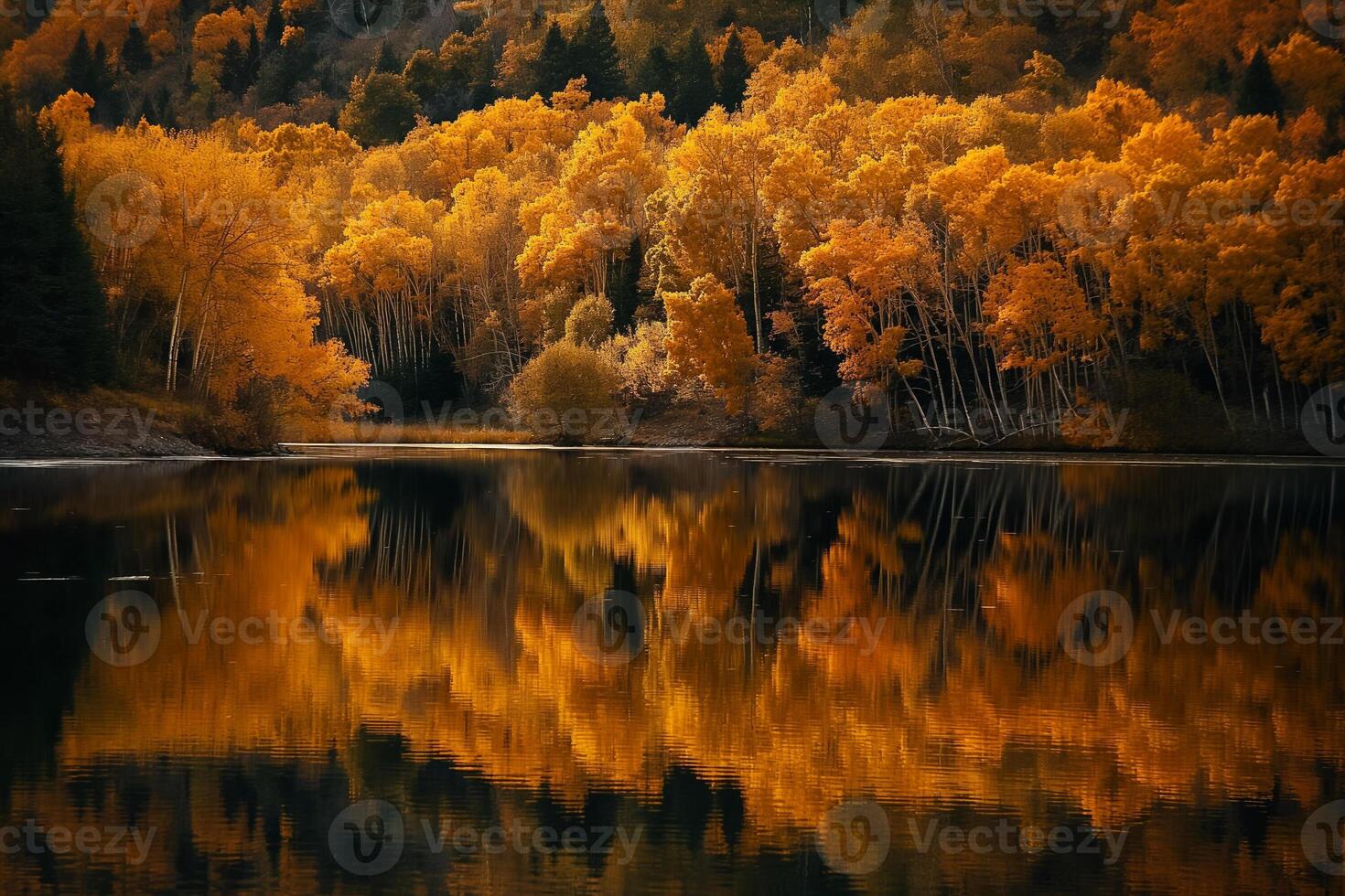 A serene lake reflecting golden autumn trees, encapsulating the tranquil beauty of harvest season photo