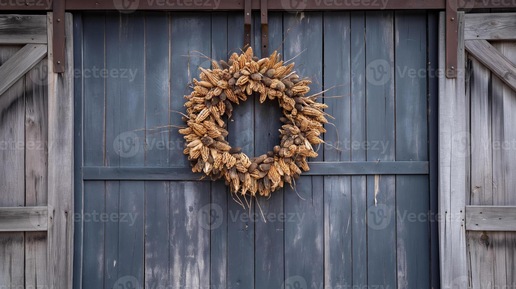 A barn door adorned with a wreath made of dried corncobs, symbolizing the rustic charm of harvest season photo