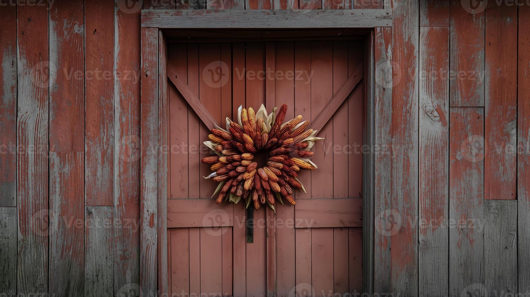 A barn door adorned with a wreath made of dried corncobs, symbolizing the rustic charm of harvest season photo