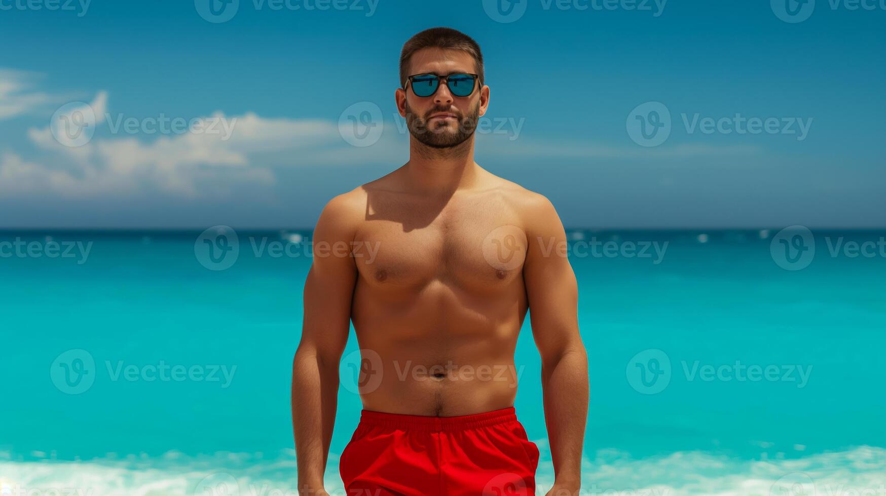 Energetic lifeguard with sunglasses standing confidently on a sandy beach with turquoise waves in the background photo