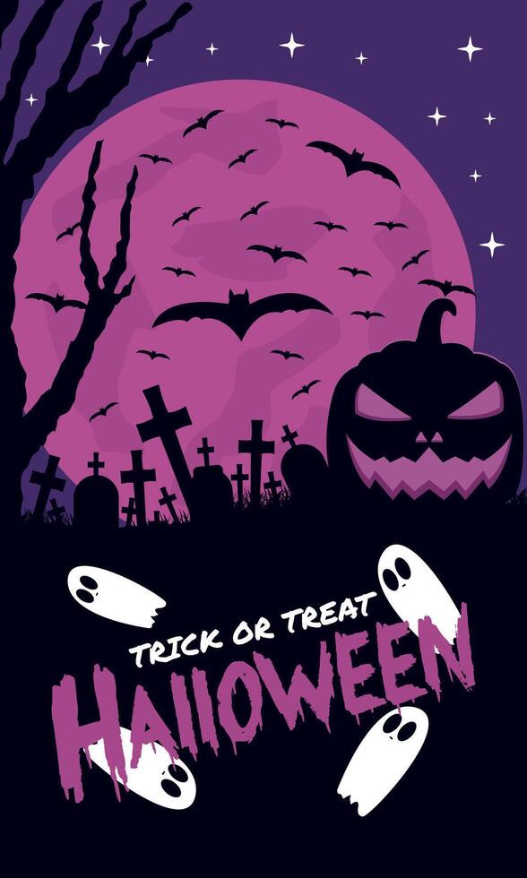 halloween trick or treat poster, template web background with jack o lantern , grave, bat and ghost elements for halloween, illustration design vector