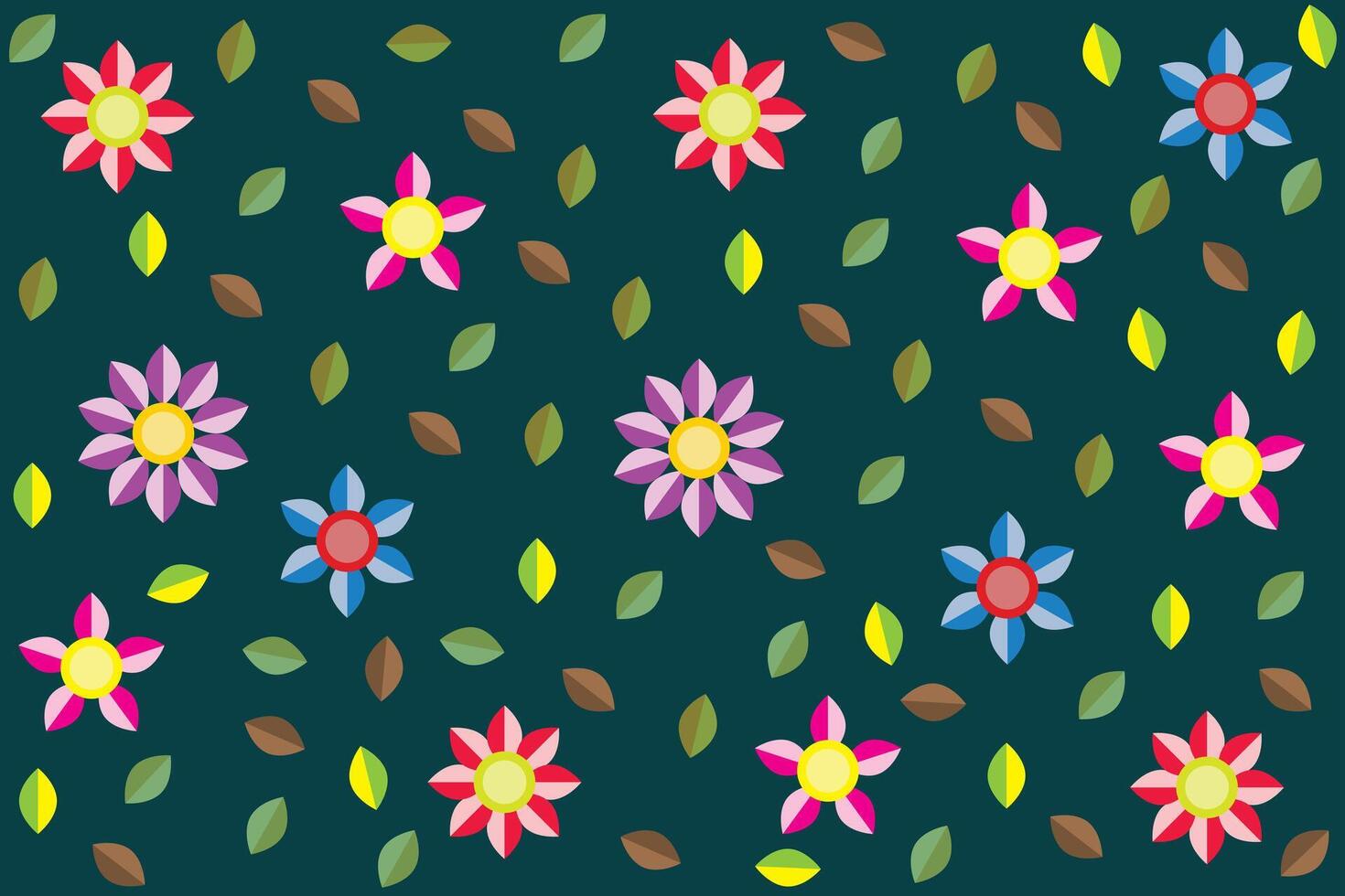 Illustration pattern, Repeating of abstract multicolor flower with leaf on dark green background. vector